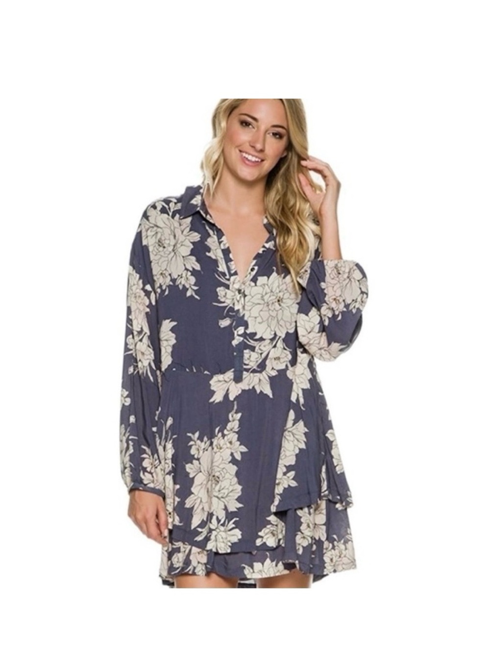 Free People Navy and Cream Floral Button-Front Tunic